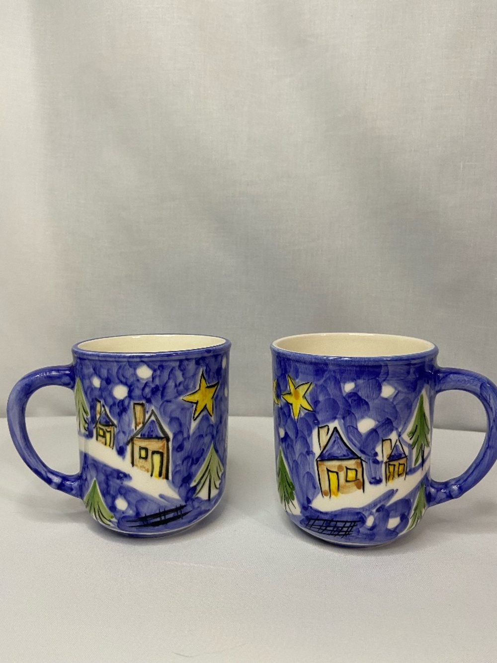 Folk Art Coffee Mugs Winter Christmas Glossy Painted Ceramic Portugal